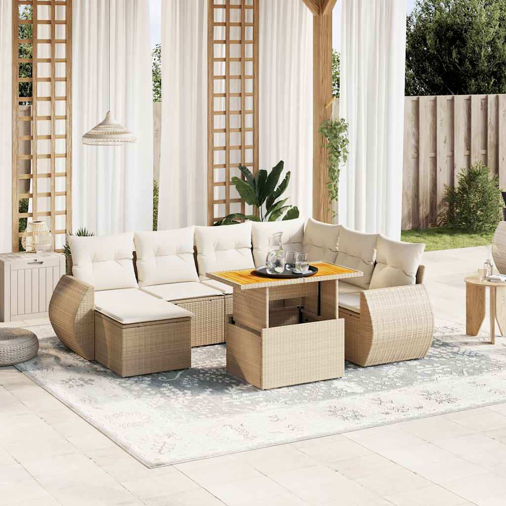 8-tlg. Garten-Sofagarnitur mit Kissen Beige Poly Rattan
